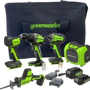 24V 5 Tool Combo Kit - Drill, Impact Driver, Recip Saw, Light, Bluetooth Speaker, 2Ah + 4Ah Batteries